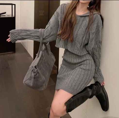 Retro Style Hooded Twist Knitted Sweater With Skirts Sets